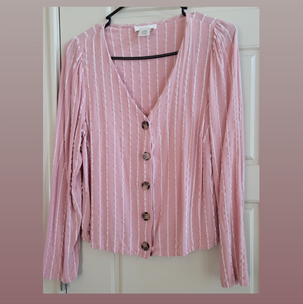 Urban Romantics Pink Strip Long Sleeve Blouse, Button Shirt, Size M